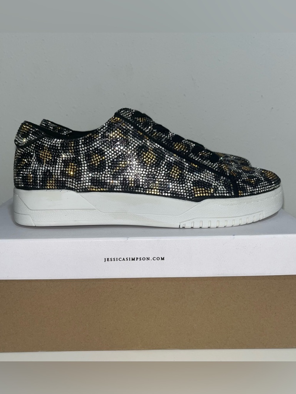 Jessica Simpson Black Sneaker with Gold and Silver Crystal Leopard Accents 8.5 - Picture 4 of 5